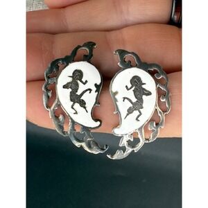 Vintage Siam Earrings Silver Niello Goddess Clip On Sterling Silver White 1.25"